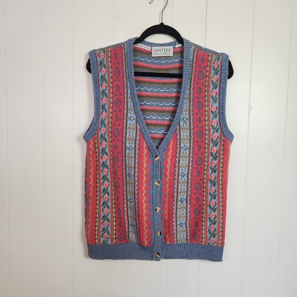Vintage 90s Hand Knit Cotton Cardigan Sweater Vest Womens Medium Coogi Style - Picture 1 of 11
